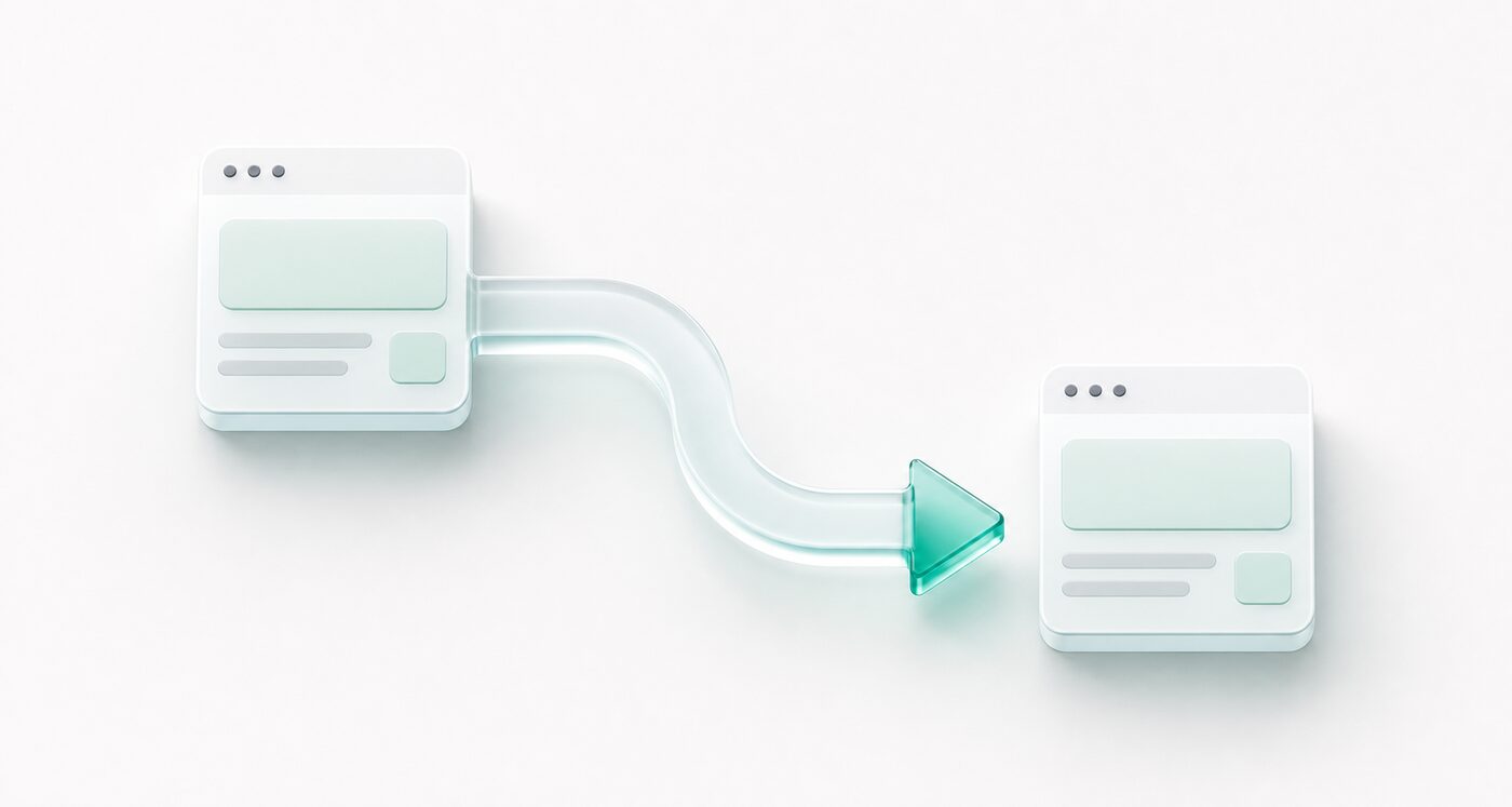 Minimal 3D redirect flow showing one browser window routing to another